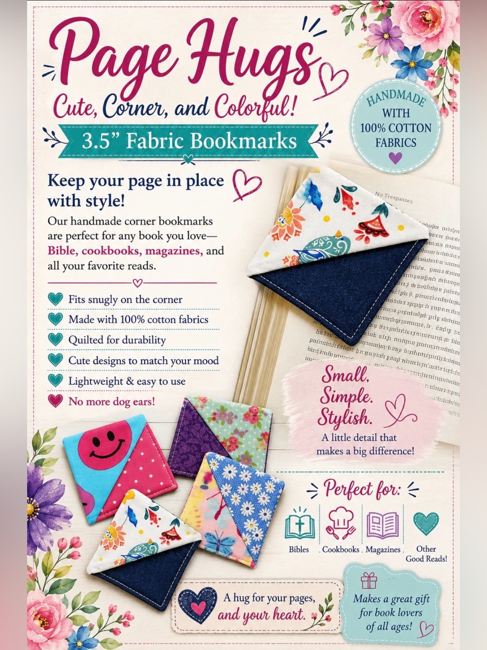 Set of 2 Handmade 3.5" Fabric Corner Bookmarks